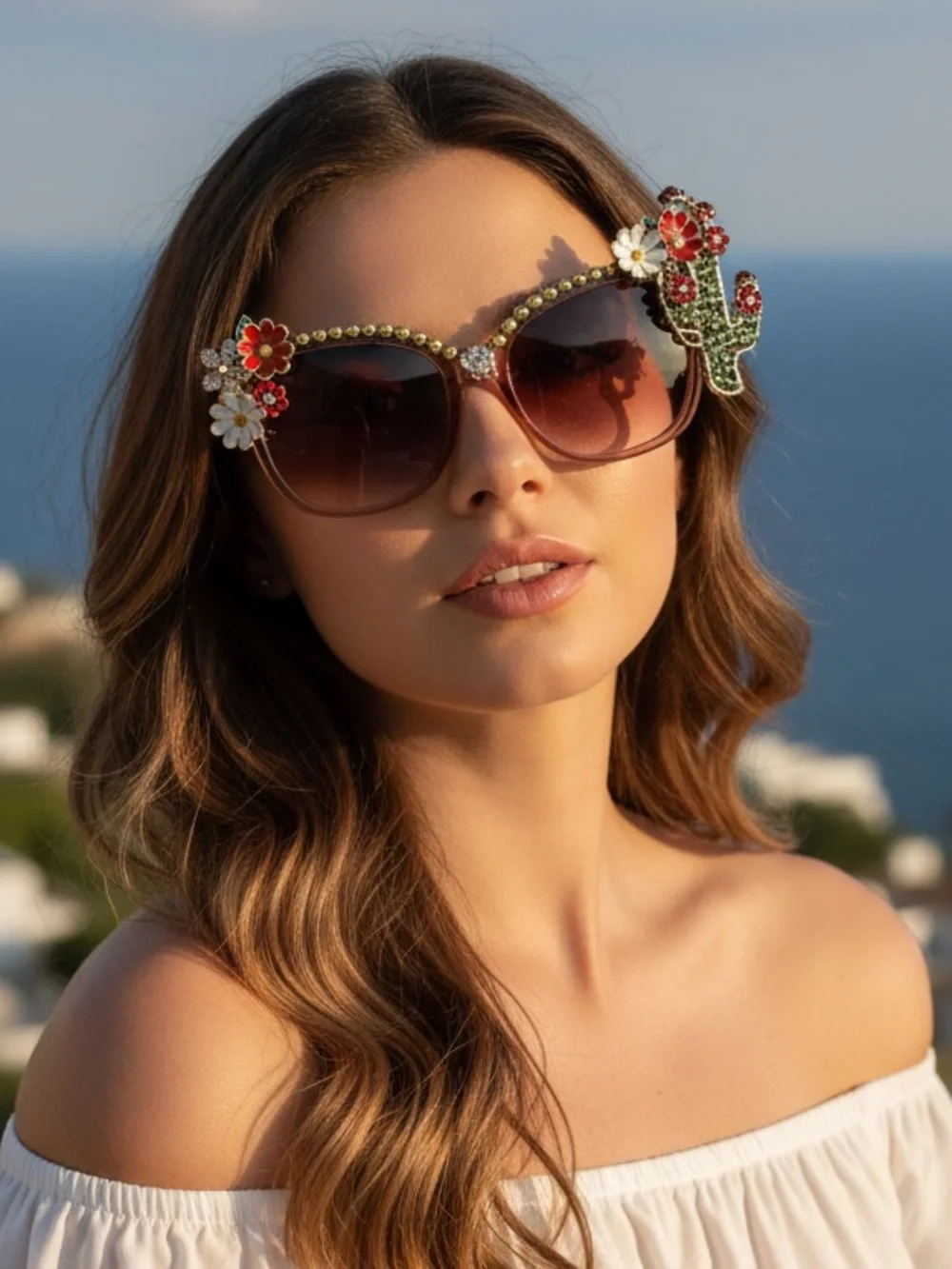 Embellished Flower & Cactus Oversized Sunglasses - Brown‎ Gradient Lenses